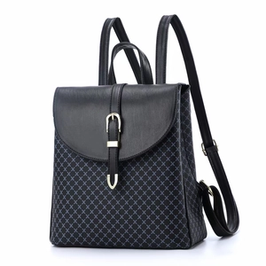 Chic black printed backpack for women with gold horseshoe buckle and top handle