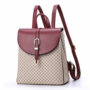 Retro plaid double shoulder backpack for women with red leather flap and geometric pattern