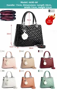 Quilted handbag detail showing dimensions and internal compartments in multiple colors
