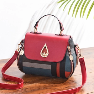 Women Shoulder Bag PU Leather Geometric Color Block Plaid Pattern Water Drop Metal Buckle Large Capacity Korean Crossbody