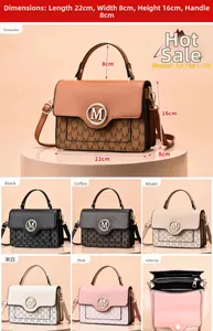 Detailed size chart and multi-color options for the Monogram crossbody bag with metal M logo