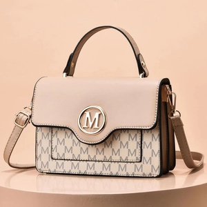 Beige and khaki jacquard mini crossbody bag with gold M-logo and adjustable strap