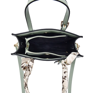 Mint green minimalist PU leather tote bag with large capacity and silk scarf handle decor