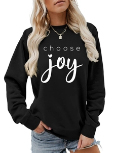 Detail of white Choose Joy script and heart print on black crewneck cotton sweatshirt