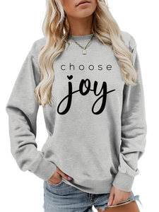 Close-up of the Choose Joy script lettering and heart detail on a grey crewneck sweatshirt