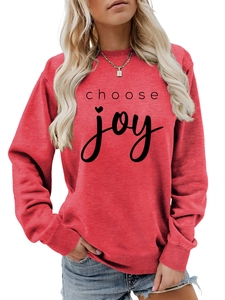 Detail of Choose Joy print on casual crewneck sweatshirt with ribbed cuffs and hem