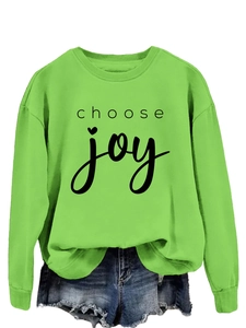 Grass green crew neck sweatshirt with black choose joy lettering and denim shorts set