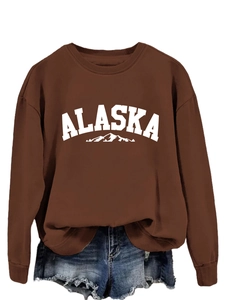 Detail of soft brown Alaska sweatshirt fabric texture and high-quality printed logo