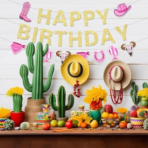 Rosa Western Cowboy Geburtstagsparty Banner mit goldenen Glitzerbuchstaben und Motiven