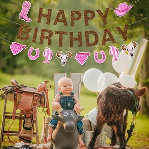 Rosa Cowgirl Happy Birthday Banner mit Cowboy-Stiefeln und Hut Party-Dekorationen