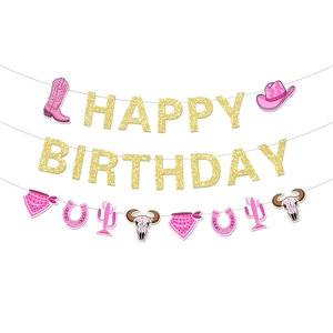 Rosa Western Cowgirl Geburtstag Banner Set Glitzer Gold Braun Buchstaben Cowboy Stiefel Hut Kaktus Hufeisen Party Deko