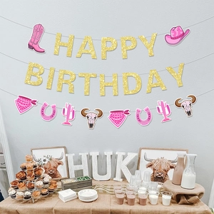 Rosa Western Cowgirl Happy Birthday Banner mit Cowboystiefeln und Hut Partydekorationen
