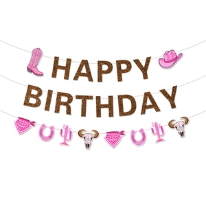 Rosa Western-Cowboy Happy Birthday Banner Set mit Stiefeln und Hut Partydeko