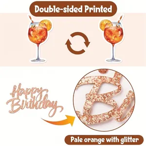 Double-sided glitter Happy Birthday cocktail glass toppers in light orange and rose gold