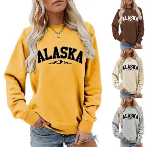 Women Alaska Mountain Letter Print Sweatshirt Casual Round Neck Long Sleeve Pullover Loose Fashion Streetwear Travel Top