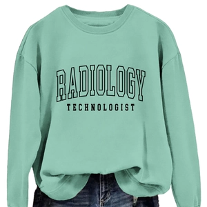 Mint green Radiology Technologist sweatshirt paired with blue jeans on white background