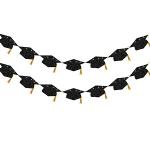 Graduation Party Glitter Banner Graduation Doctoral Cap Hanging Flag Garland Decoration With Gold Tassels Banner Party Supplies