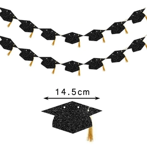 Graduation banner featuring black glitter mortarboard caps with gold tassels, 14.5cm wide
