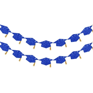 Glittery dark blue graduation cap banner with gold tassels for party decoration