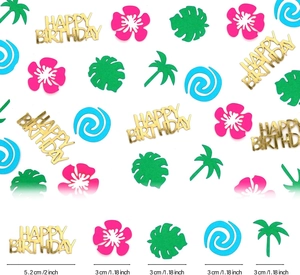 Détails des confettis tropicaux avec dimensions des fleurs d'hibiscus et feuilles de palmier