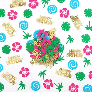 Confettis tropicaux Hawaï avec lettres Happy Birthday et feuilles de palmier pour fête