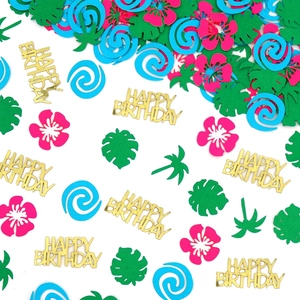 Détail de confettis tropicaux brillants avec feuilles de palmier et lettres dorées de fête