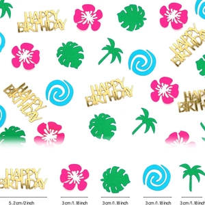 Set de confettis tropicaux avec lettres Happy Birthday dorées et feuilles de palmier