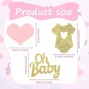 Size guide for baby shower confetti featuring heart, onesie, and Oh Baby cutout dimensions