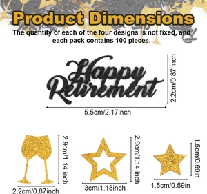 Detailansicht des Happy Retirement Konfetti-Sets mit Maßen für Text und Sterne