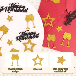 Happy Retirement Konfetti-Set in Schwarz und Gold mit Glitzersternen und Sektgläsern