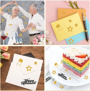 Schwarze und goldene Happy Retirement Aufkleber für Karten und Partygeschirr Sets