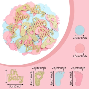 Oh Baby shower confetti set with glitter gold letters and pink blue baby footprints