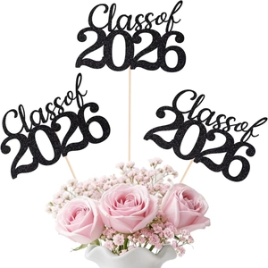 Class of 2026 graduation cake toppers with black glitter finish and wooden sticks