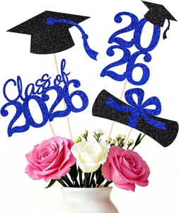 Topper per torta laurea 2026 glitter blu e neri con icone diploma e tocco tra rose