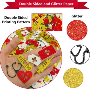 Macro view of double sided glitter confetti featuring stethoscopes and nurse hats