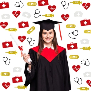 Nurse graduation party confetti set with medical symbols and nurse cap icons