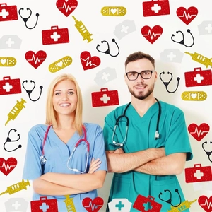 Detail view of V-neck medical scrubs in light blue and teal with stethoscope accessories