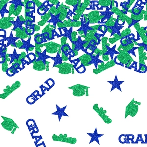 Confettis de remise de diplôme pailletés bleu et vert avec étoiles et chapeaux