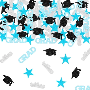 Détail de confettis de remise de diplôme 2026 avec étoiles bleues et toques noires