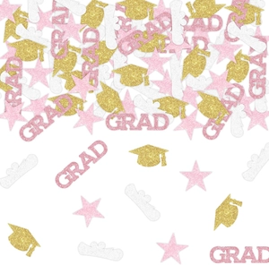 Détail de confettis de remise de diplôme pailletés rose et or avec texte GRAD et chapeau
