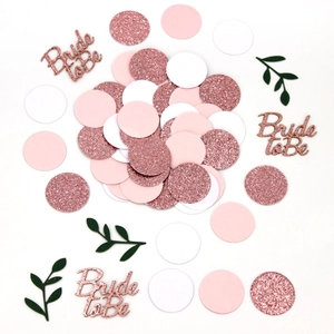 Confeti Bride to Be de oro rosa con círculos rosas y hojas verdes para decoración de bodas