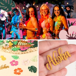 Hawaiian party decoration set with gold glitter Aloha letters, green leaves and flowers