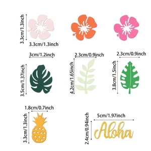 Hawaiian party confetti set with colorful hibiscus flowers, tropical green leaves and Aloha text
