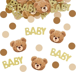 Detail of glittery BABY text and teddy bear paper confetti for baby shower table decor