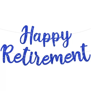 Glitter blue Happy Retirement banner with elegant cursive letters for party decoration