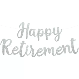 Glittery silver Happy Retirement banner for party decorations on a clean white background