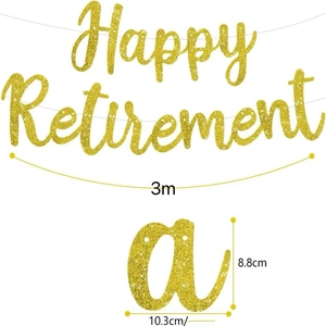 Glittery gold Happy Retirement banner with 3m string and 8.8cm tall cardstock letters