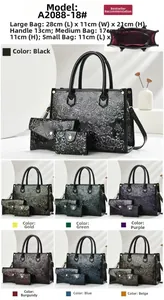 Detailed view of embossed luxury handbag set with precise dimensions and floral texture