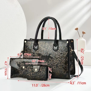 Detailed dimensions for the black 3-piece tote bag set with embossed floral texture