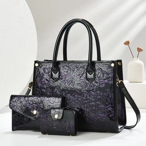 Embossed Floral Patent PU Leather Tote Handbag Clutch Wallet And Card Holder Elegant Vintage Women Commuter Bag